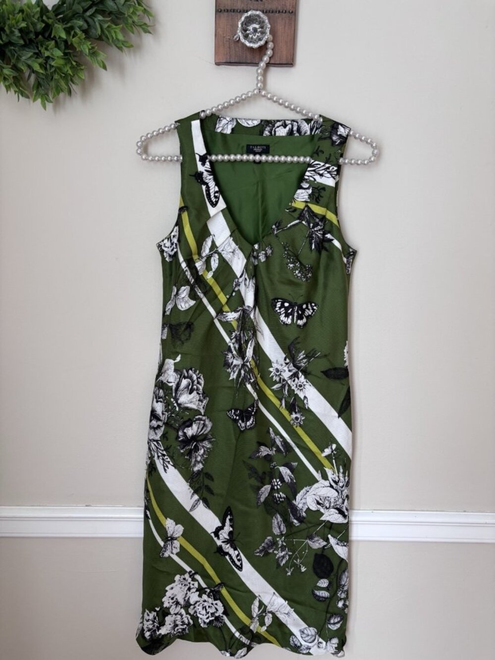 Talbots Petite Womens Size 2P Green Floral Butterfly Silk Dress Sleeveless